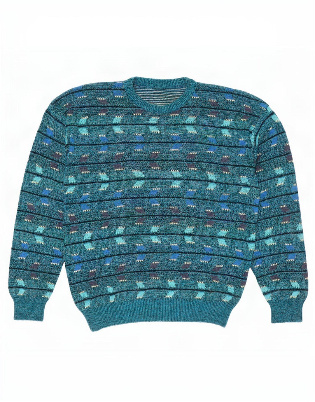 Suéter vintage masculino com gola redonda, azul médio geométrico