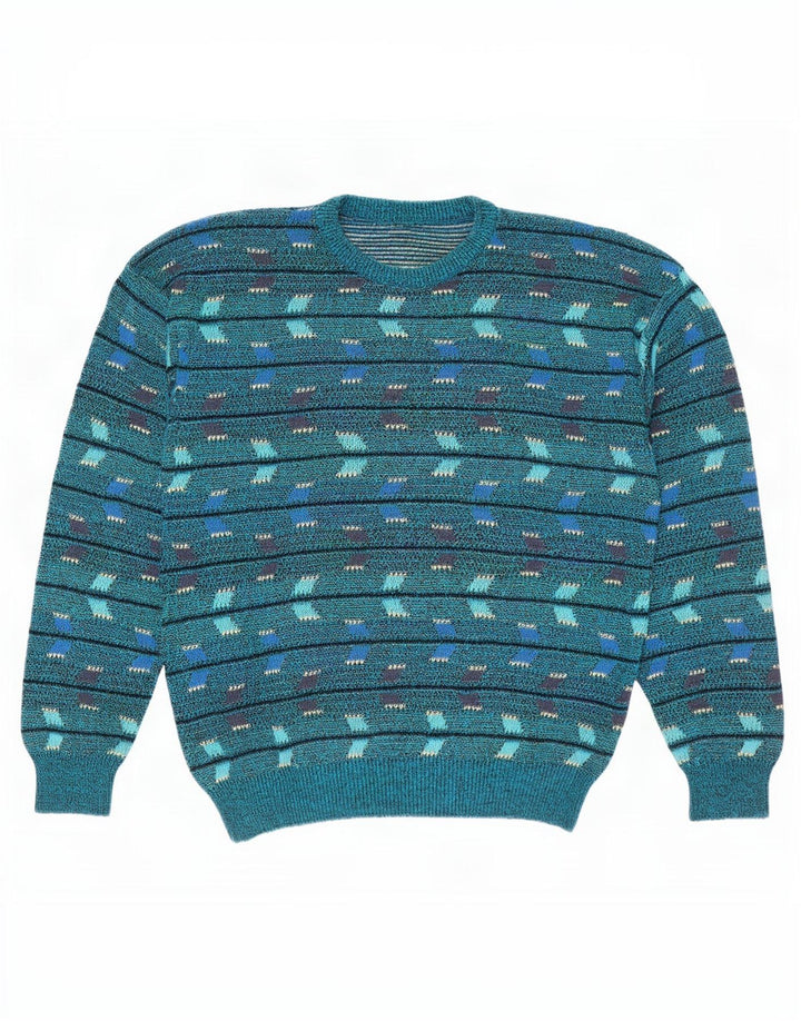Suéter vintage masculino com gola redonda, azul médio geométrico