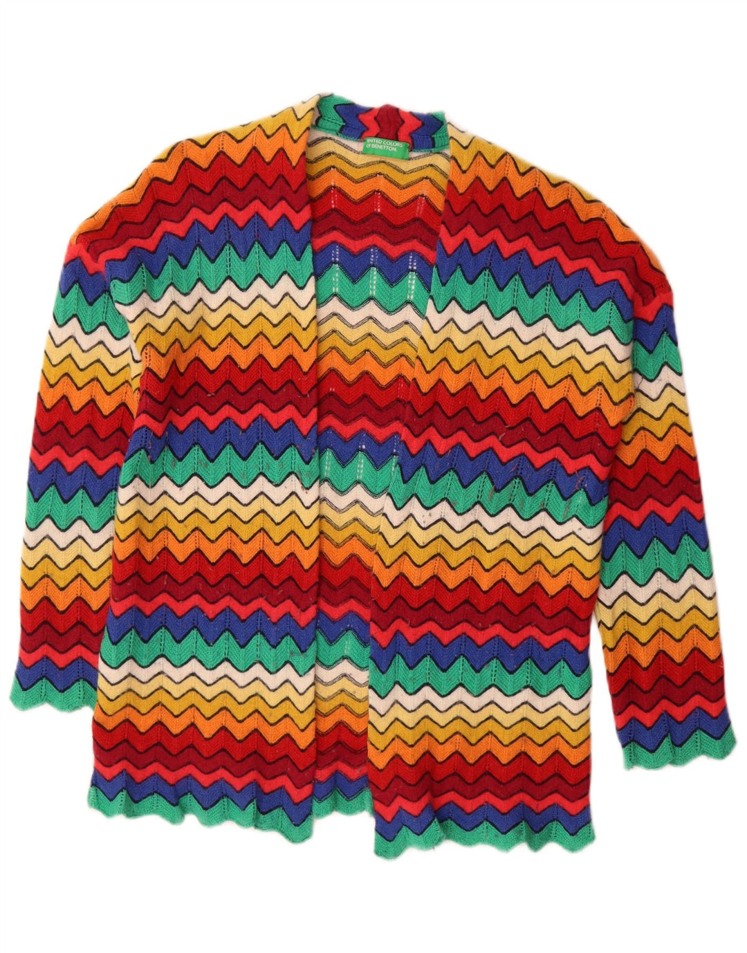 Suéter de cardigã aberto feminino Benetton UK 16 grande Chevron multicolorido