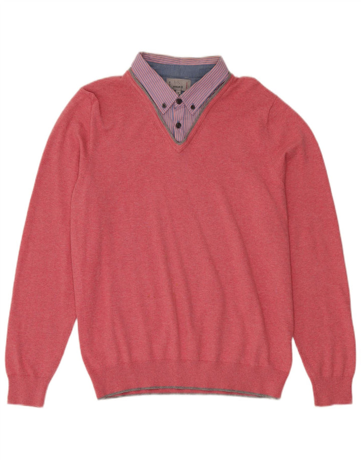 Suéter masculino Marks & Spencer com ajuste regular e decote em V de algodão rosa médio