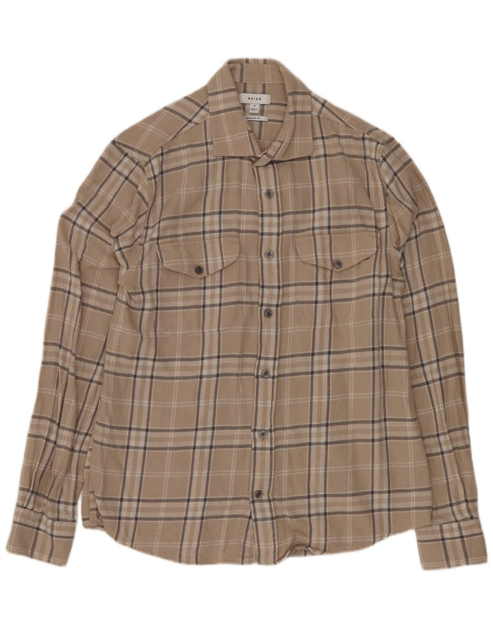 Camisa masculina de flanela Reiss Regular Fit algodão xadrez bege médio