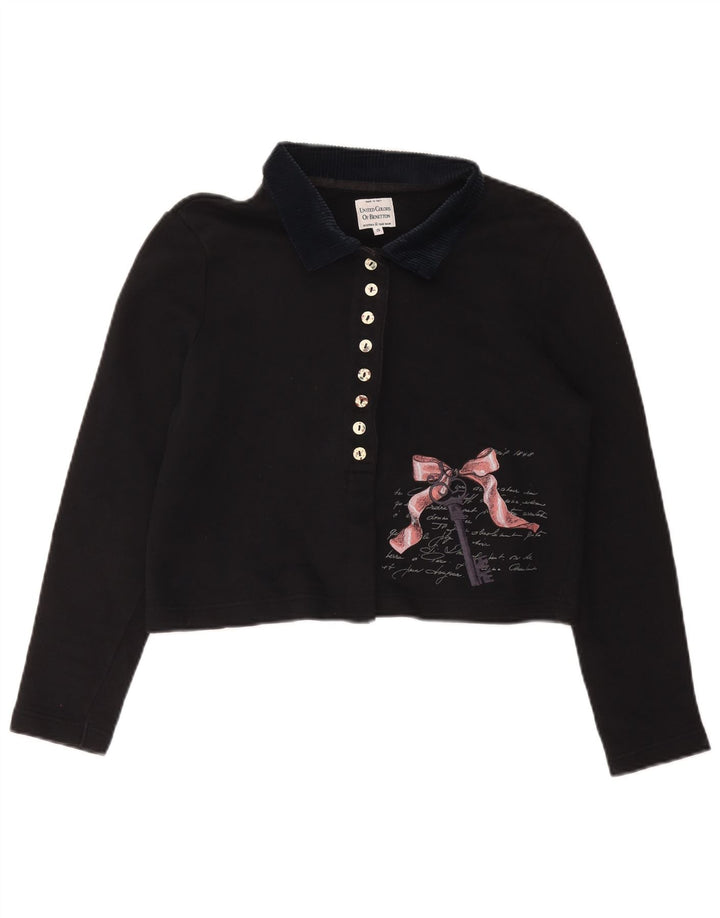 Camisa polo feminina oversized gráfica BENETTON Reino Unido 10 pequena preta