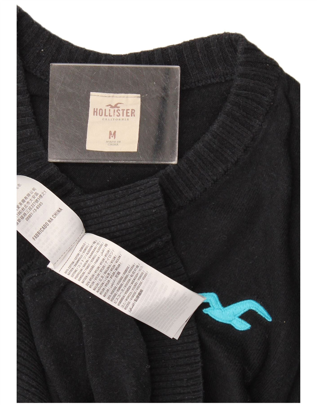 Suéter masculino Hollister com decote em V de algodão azul marinho médio