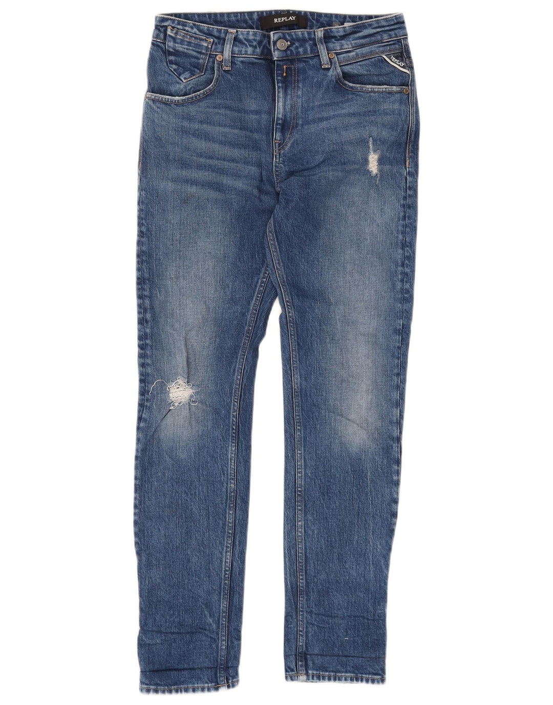 REPLAY Jeans feminino slim desgastado W28 L30 algodão azul