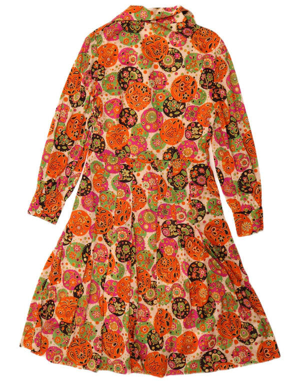 Vestido vintage feminino manga comprida linha A UK 12 médio floral multicolorido