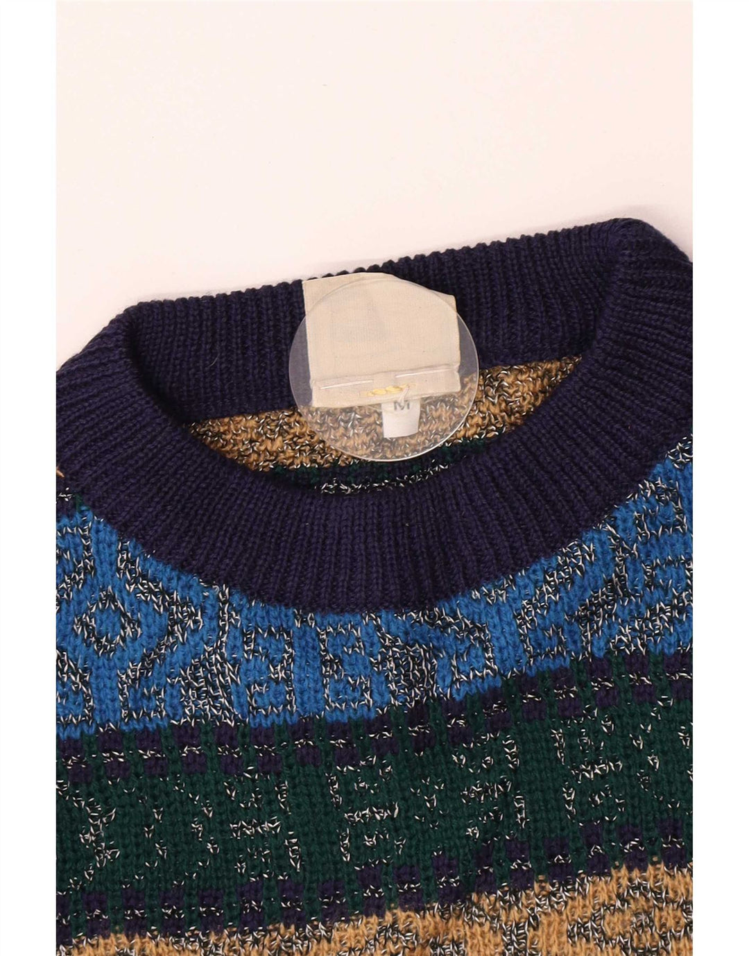 Suéter vintage masculino com gola redonda, azul médio, Argyle/Diamante