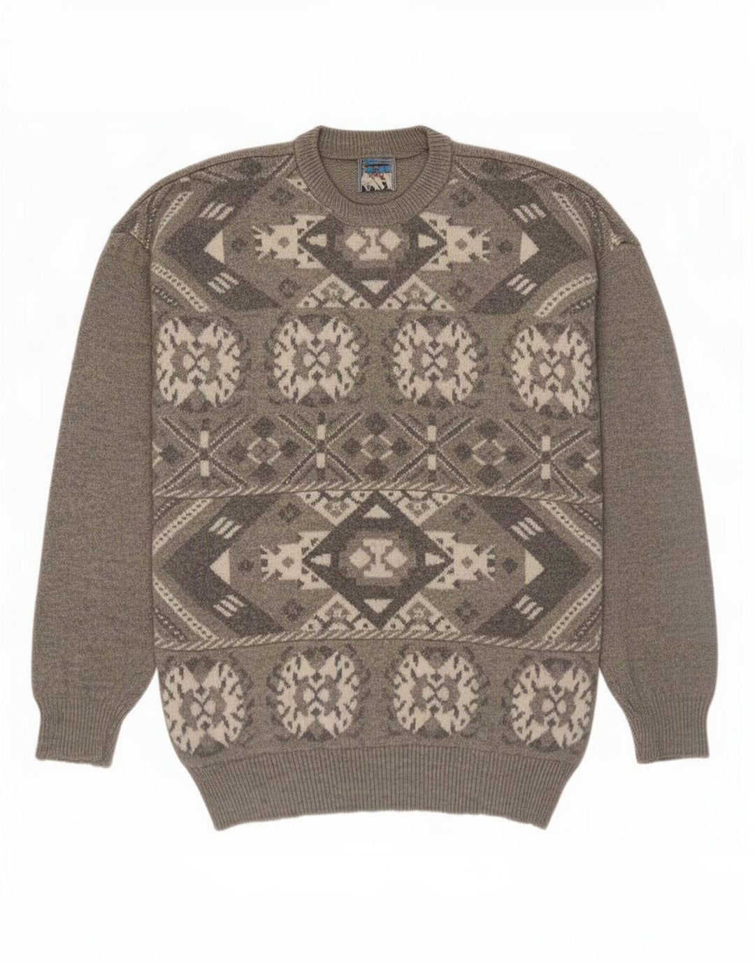 Suéter masculino vintage com gola redonda cinza médio Fair Isle
