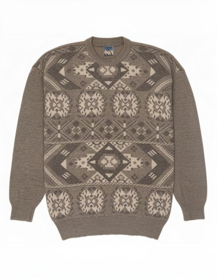 Suéter masculino vintage com gola redonda cinza médio Fair Isle