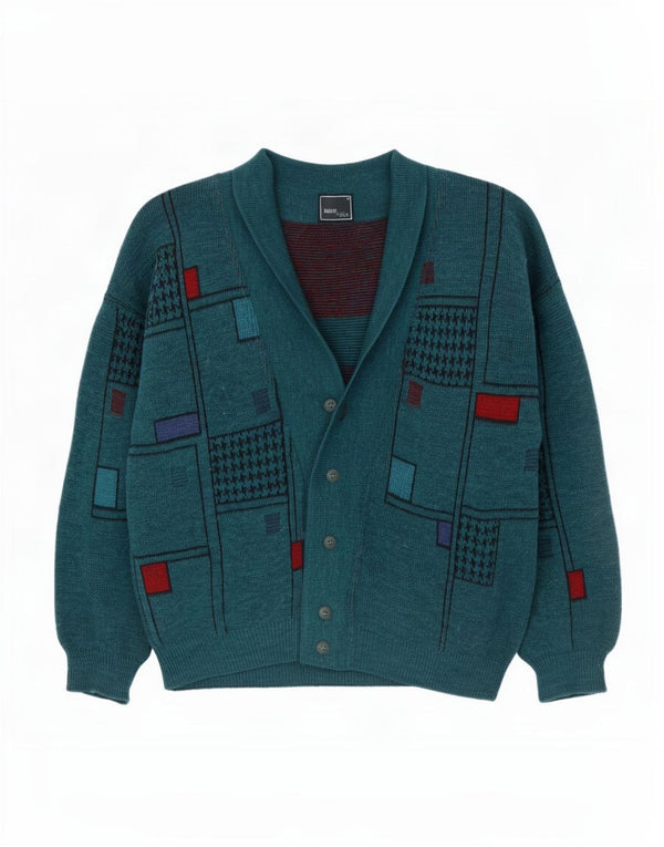 Suéter Cardigan Masculino Vintage XL Lã Geométrica Verde