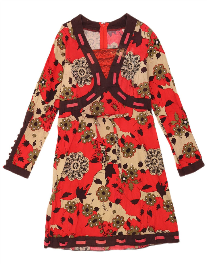 Vestido básico feminino vintage de manga comprida Reino Unido 12 algodão floral vermelho médio