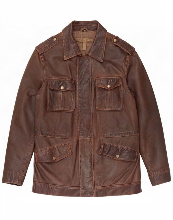 Jaqueta de couro militar masculina vintage UK 36 pequena marrom