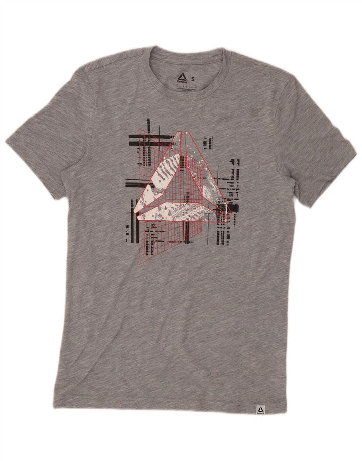 REEBOK Camiseta masculina gráfica top pequeno poliéster manchado cinza