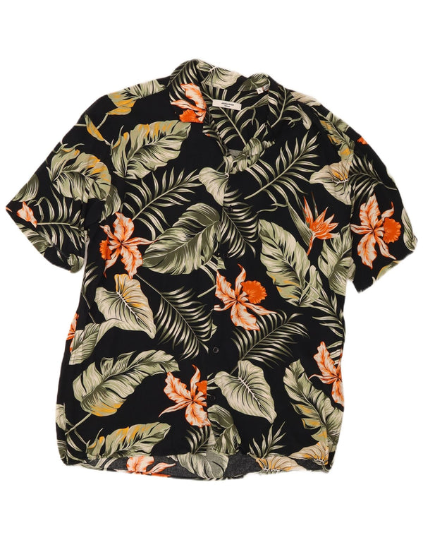 Jack & Jones Mens Short Sleeve Shirt Large Black Floral Viscose Hawaiian