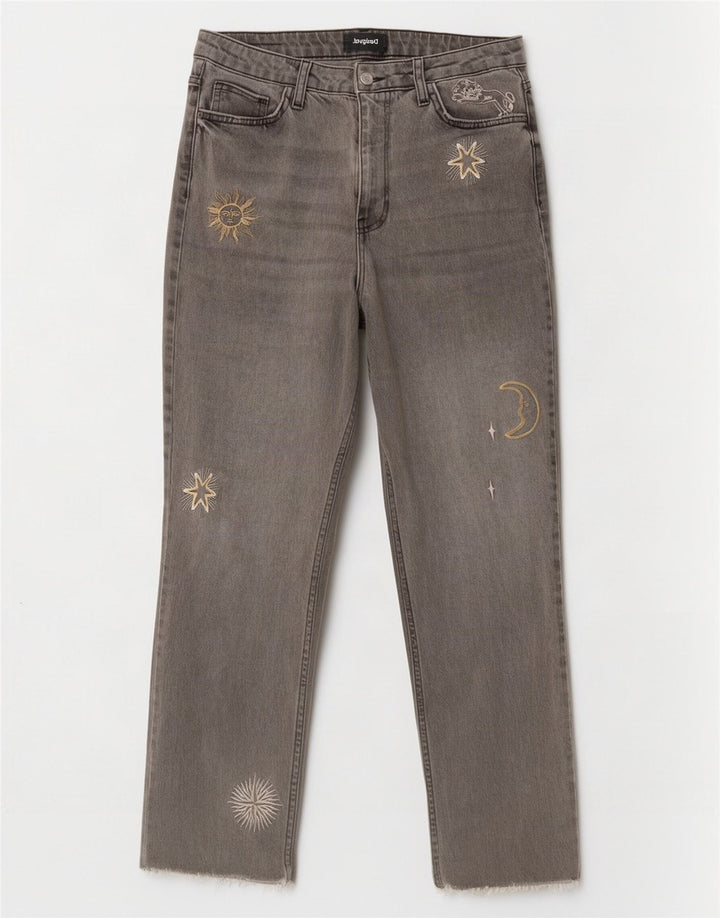 Desigual Jeans feminino com estampa abstrata reta EU 42 grande W32 L28 cinza