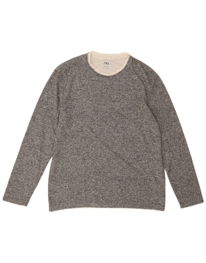 Zara Suéter feminino com gola redonda, Reino Unido 16, grande, cinza, poliéster