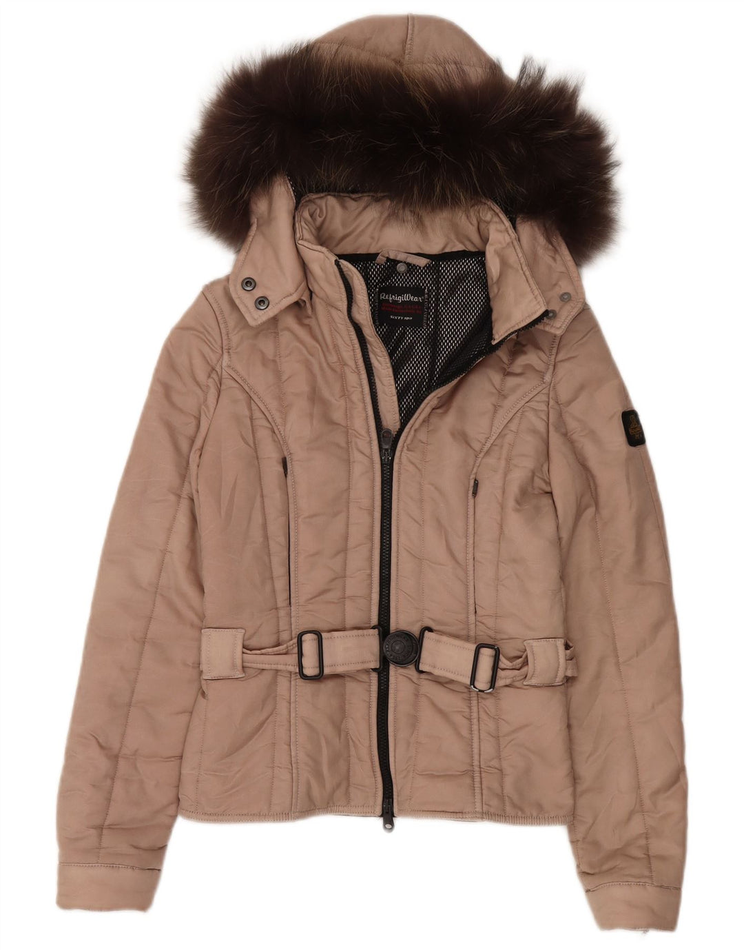 Jaqueta feminina acolchoada com capuz Refrigiwear UK 10 pequena poliamida bege