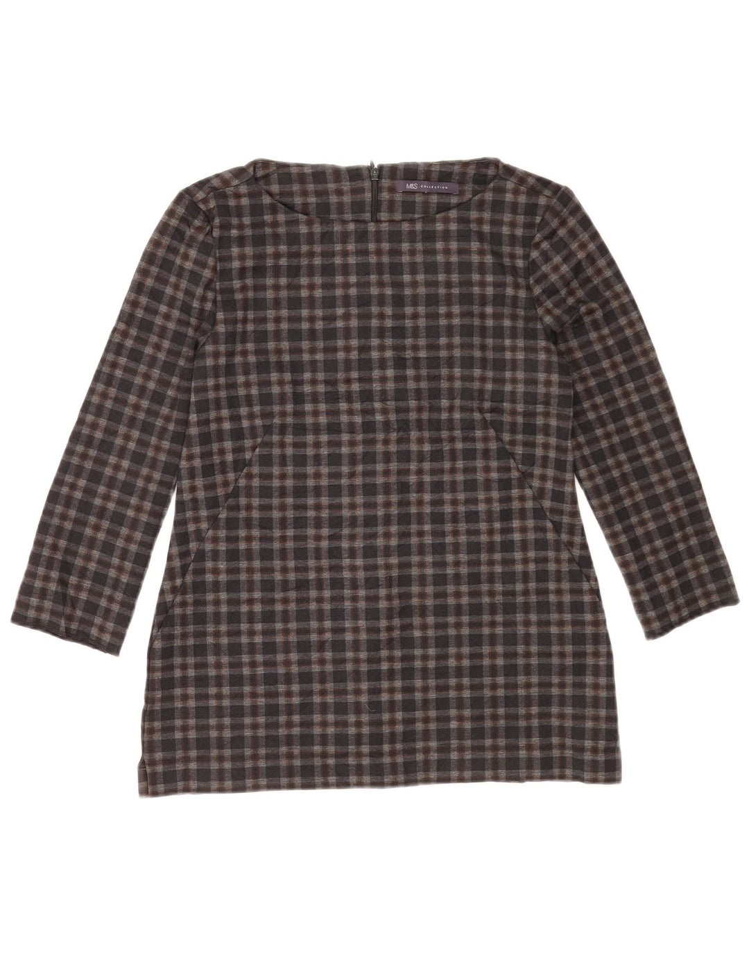 Blusa feminina Marks & Spencer manga 3/4 Reino Unido 8 pequena xadrez cinza