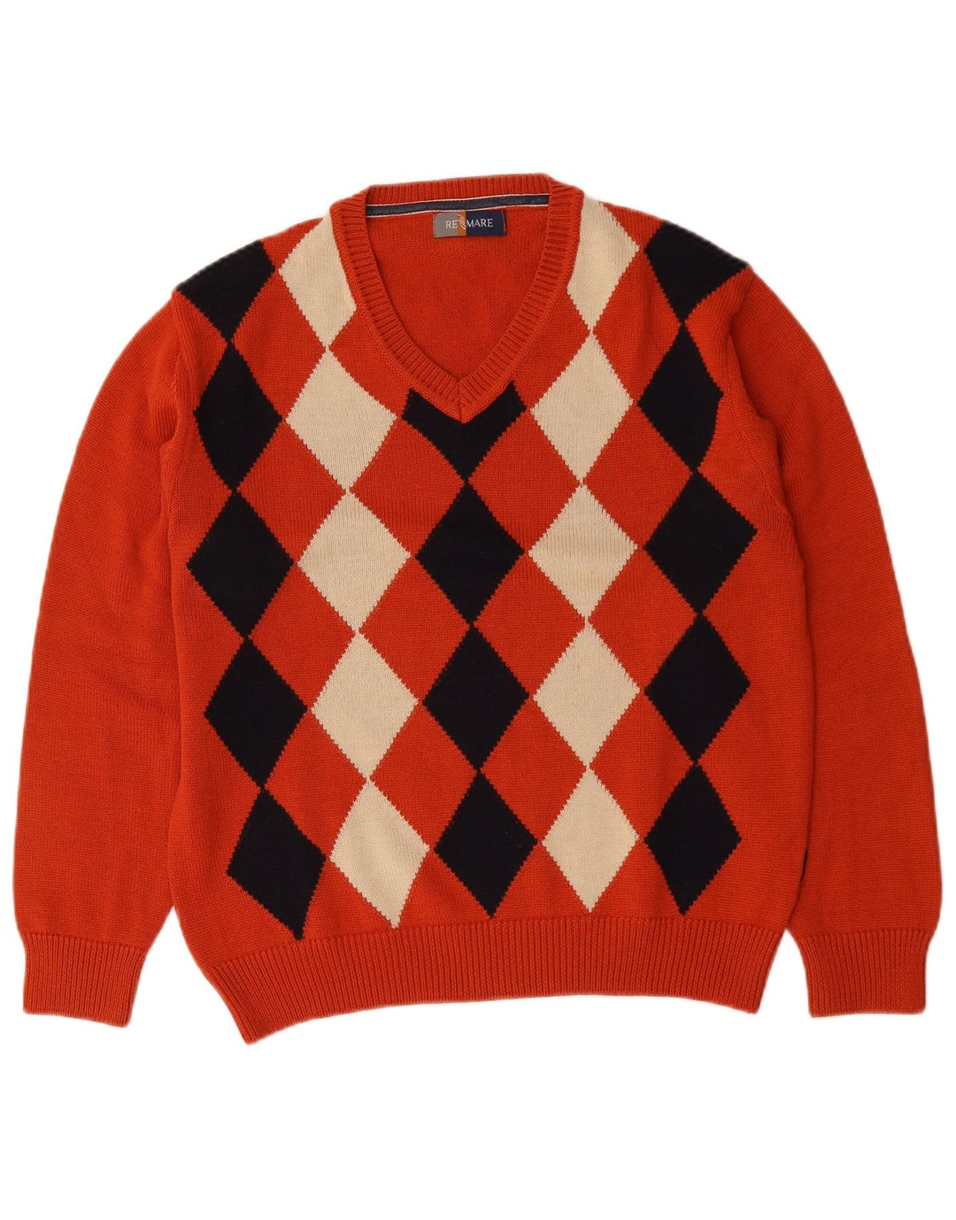 Suéter masculino Re Del Mare com decote em V, médio laranja argyle/lã diamante