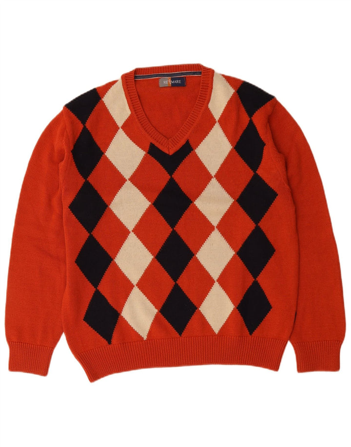 Suéter masculino Re Del Mare com decote em V, médio laranja argyle/lã diamante