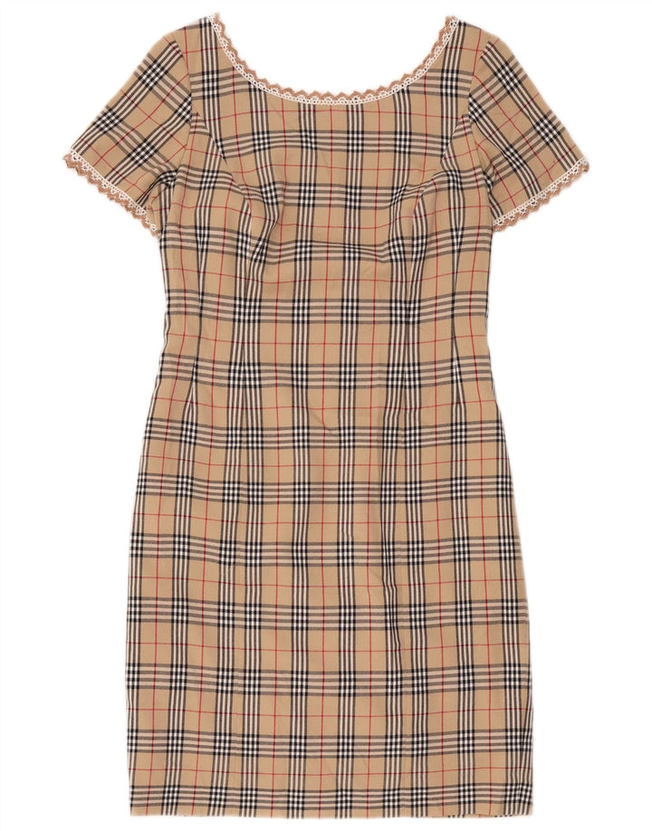 Vestido bainha feminino vintage Reino Unido 12 xadrez bege médio