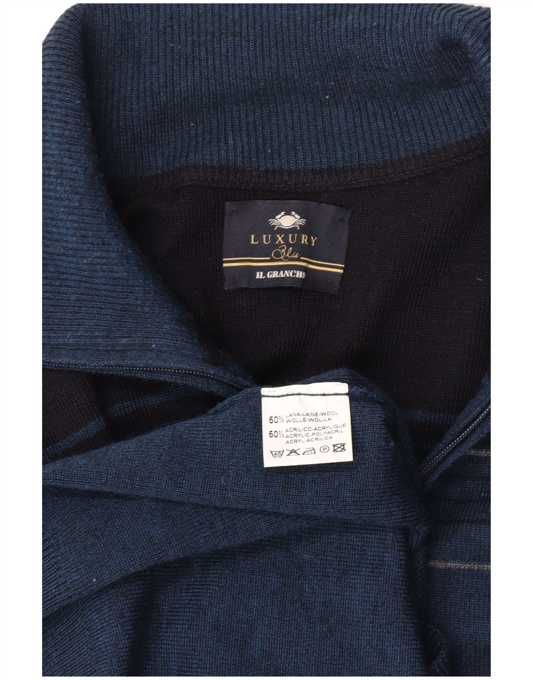 Suéter masculino Il Granchio com zíper e gola em bloco de lã azul marinho médio
