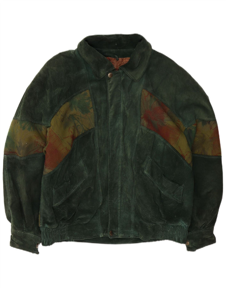 Jaqueta bomber de camurça masculina vintage com padrão abstrato IT 50 couro verde grande