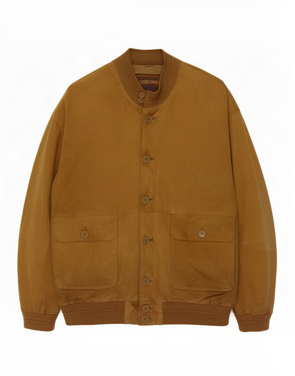 Jaqueta bomber masculina de camurça James Dillon Reino Unido 42 XL couro marrom