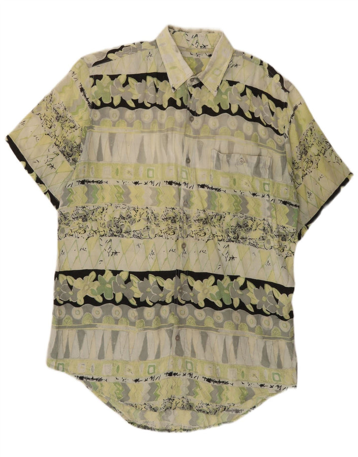 Camisa masculina vintage de manga curta verde médio geométrica