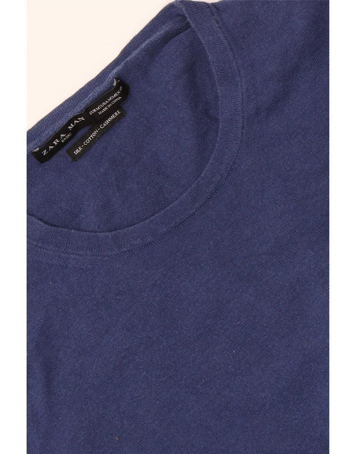 Zara Suéter masculino com gola redonda e seda azul marinho médio
