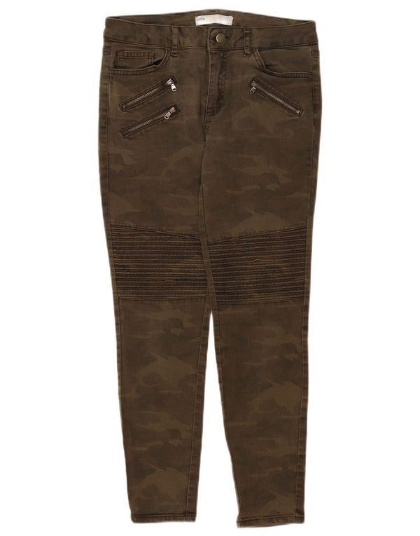 Zara Calça feminina casual slim UE 38 pequena W28 L26 camuflagem cáqui