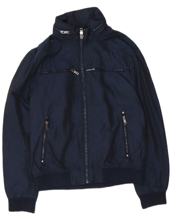 Zara Mens Hooded Bomber Jacket UK 42 XL Navy Blue Polyester