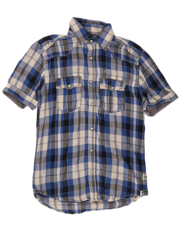 Camisa militar masculina de manga curta Jack & Jones pequena azul xadrez de algodão