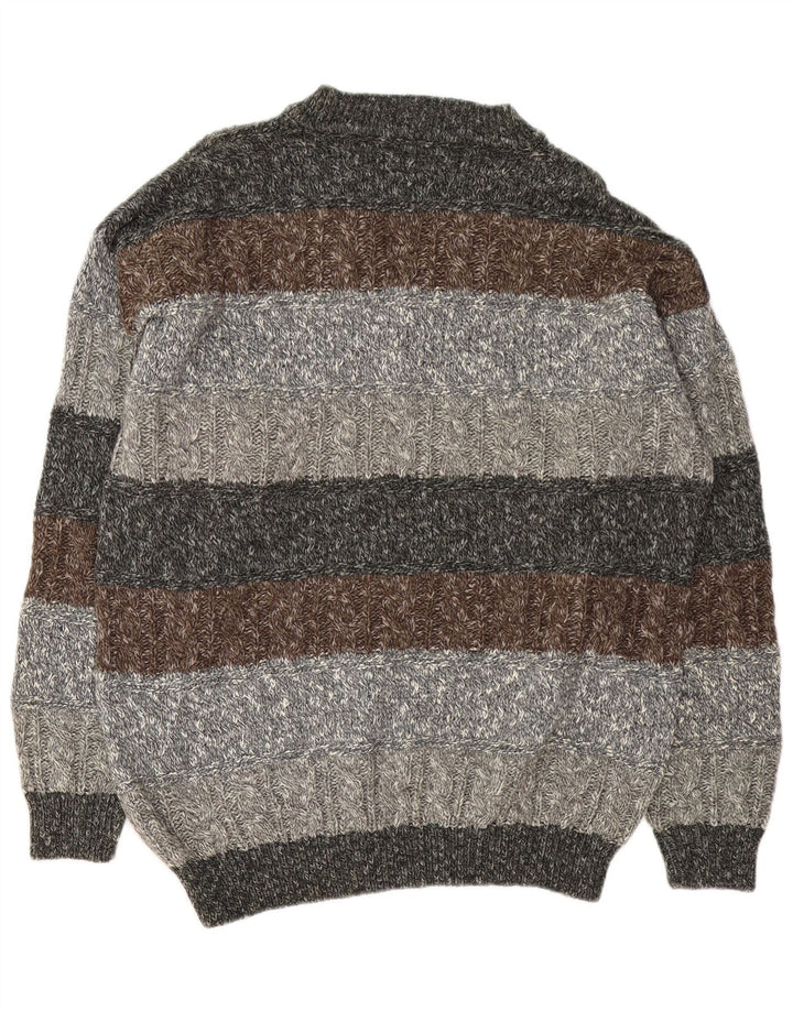 Suéter masculino vintage com decote em V XL lã listrada cinza