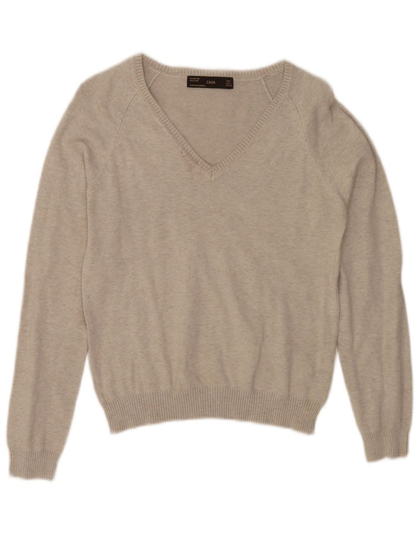Zara Suéter feminino cropped com decote em V Reino Unido 14 grande algodão cinza