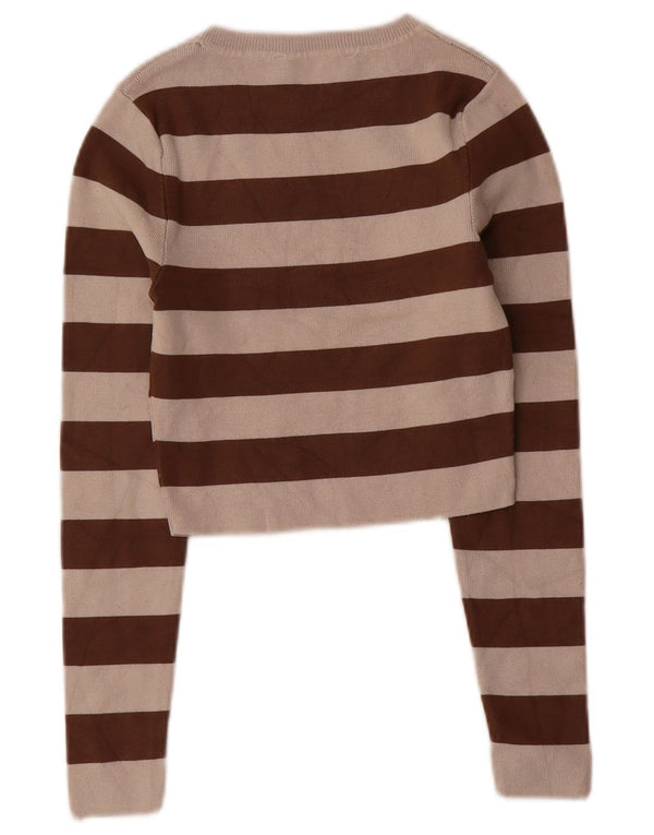 Zara Top curto feminino manga comprida Reino Unido 8 viscose listrada marrom pequena