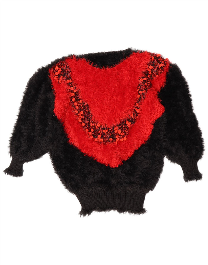 Suéter feminino vintage com gola canoa UK 12 bloco colorido preto médio