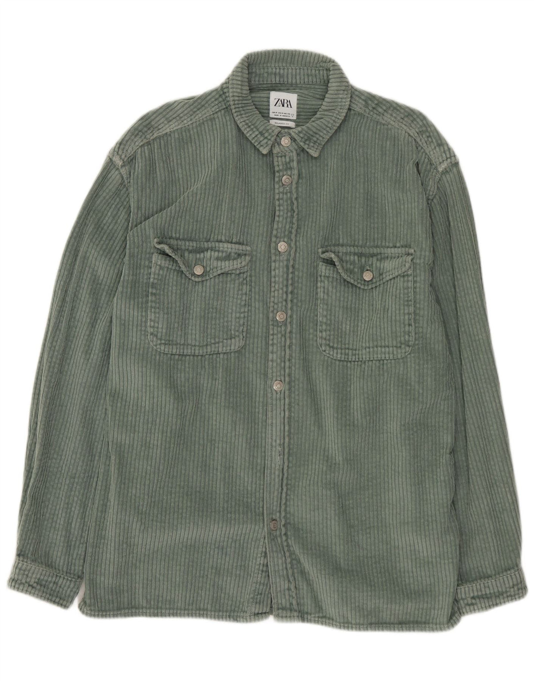 Camisa masculina de veludo cotelê ZARA com ajuste relaxado de algodão verde médio