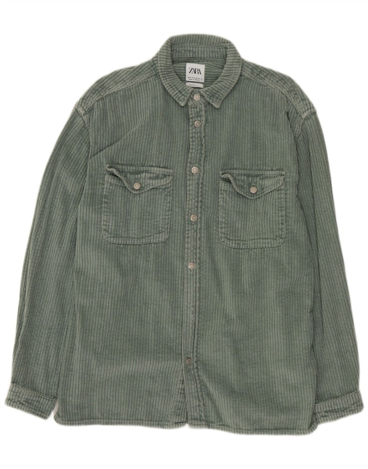 Camisa masculina de veludo cotelê ZARA com ajuste relaxado de algodão verde médio