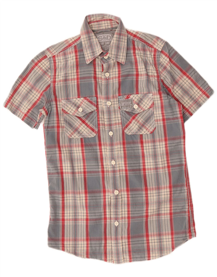 Camisa masculina Superdry de manga curta pequena azul xadrez algodão