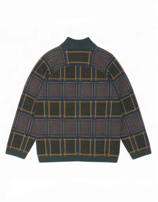 Suéter cardigã masculino vintage reversível, mohair xadrez verde médio