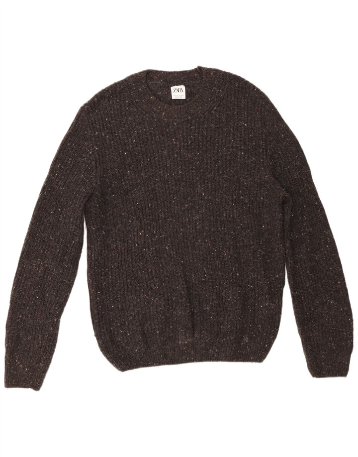 Suéter masculino Zara com gola redonda e lã manchada cinza médio