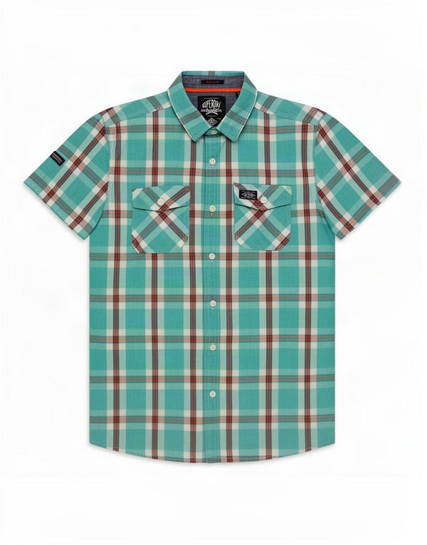 Camisa masculina de manga curta Superdry grande algodão xadrez turquesa