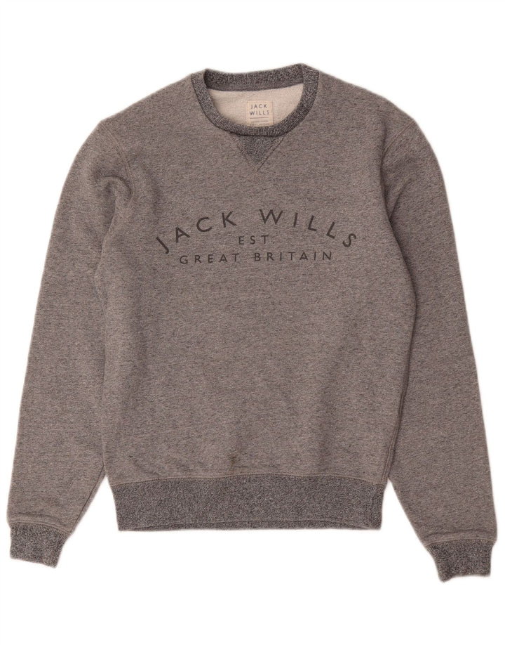Jack Wills moletom gráfico masculino jumper XS algodão manchado cinza