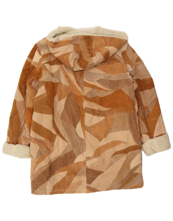 Sobretudo sherpa feminino vintage com capuz Reino Unido 18 XL marrom patchwork couro