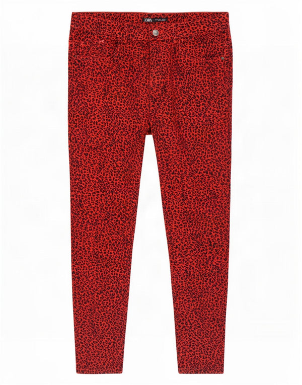 Calça jeans skinny feminina Zara EU 40 médio W30 L26 algodão estampado animal vermelho