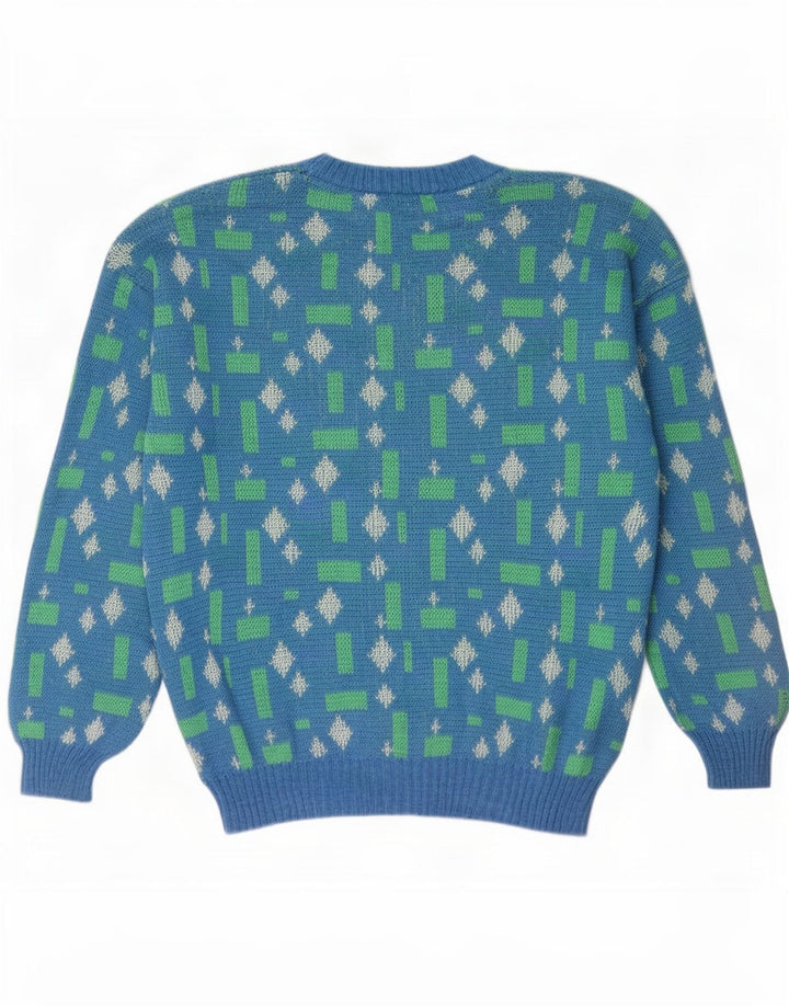 Suéter vintage masculino com gola redonda grande azul geométrico