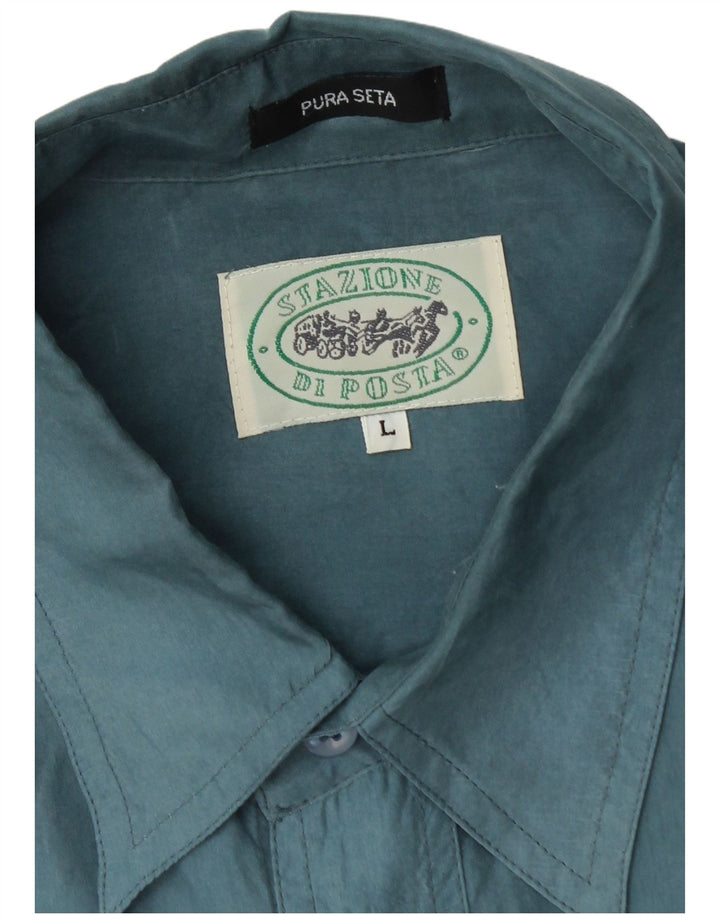 Camisa masculina vintage grande seda azul
