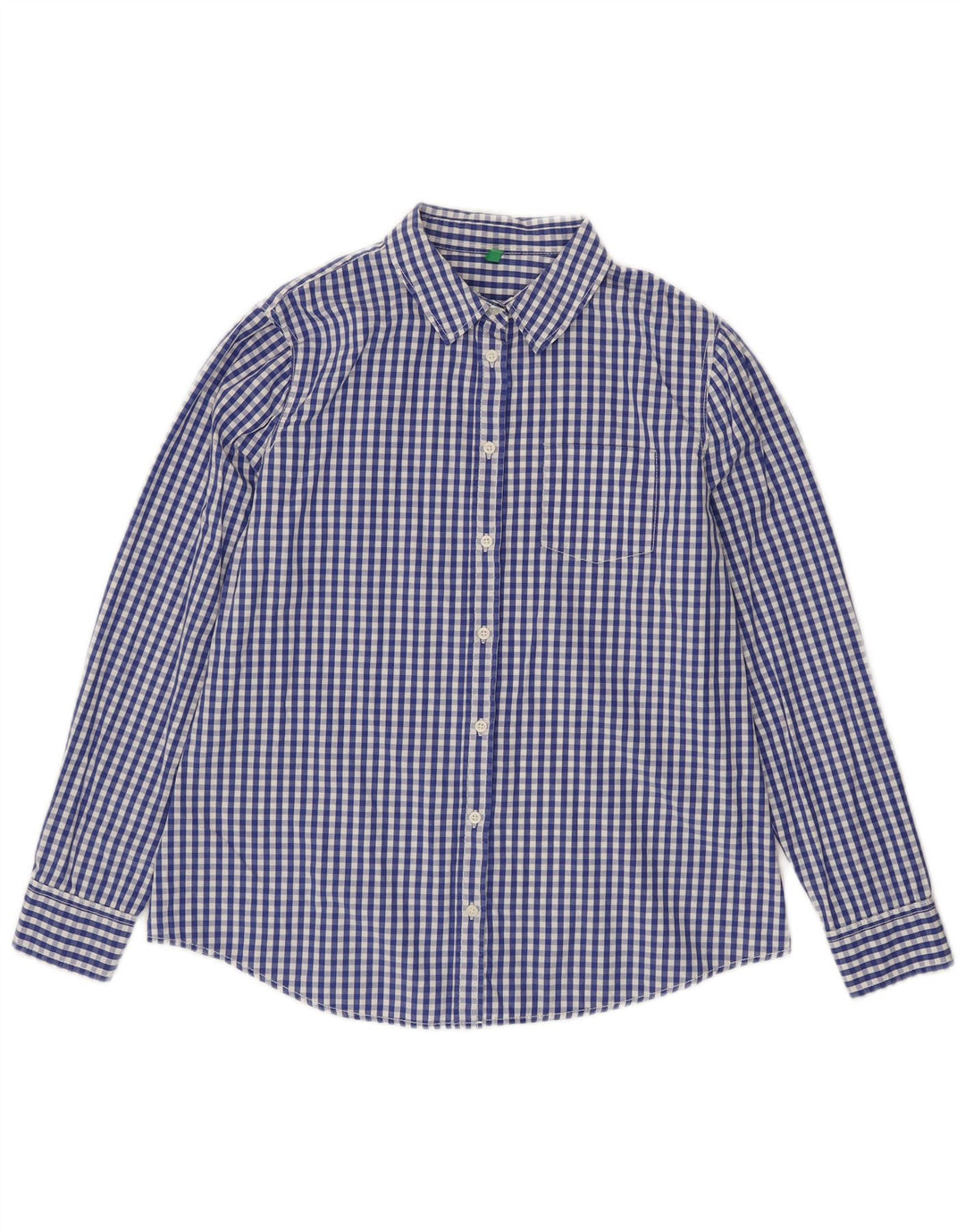 Camisa feminina Benetton UK 16 grande algodão guingão azul