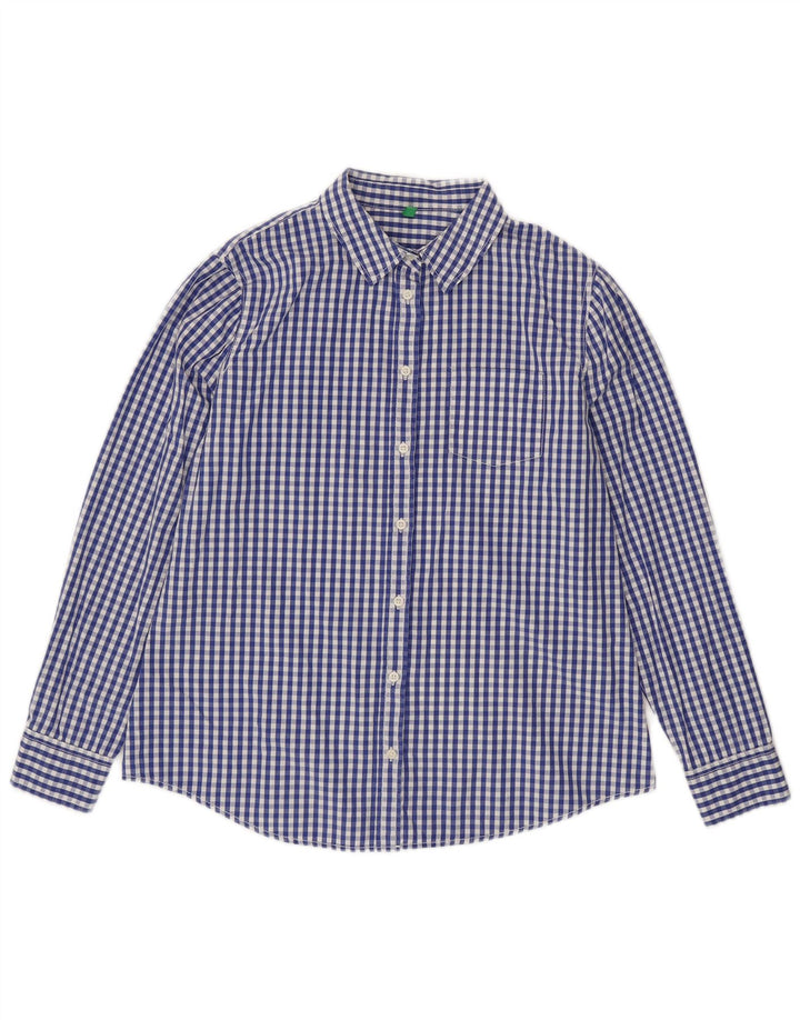 Camisa feminina Benetton UK 16 grande algodão guingão azul