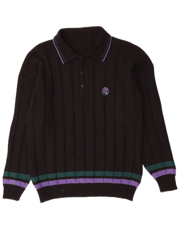 Vintage Mens Polo Neck Jumper Sweater XL Black Striped Wool